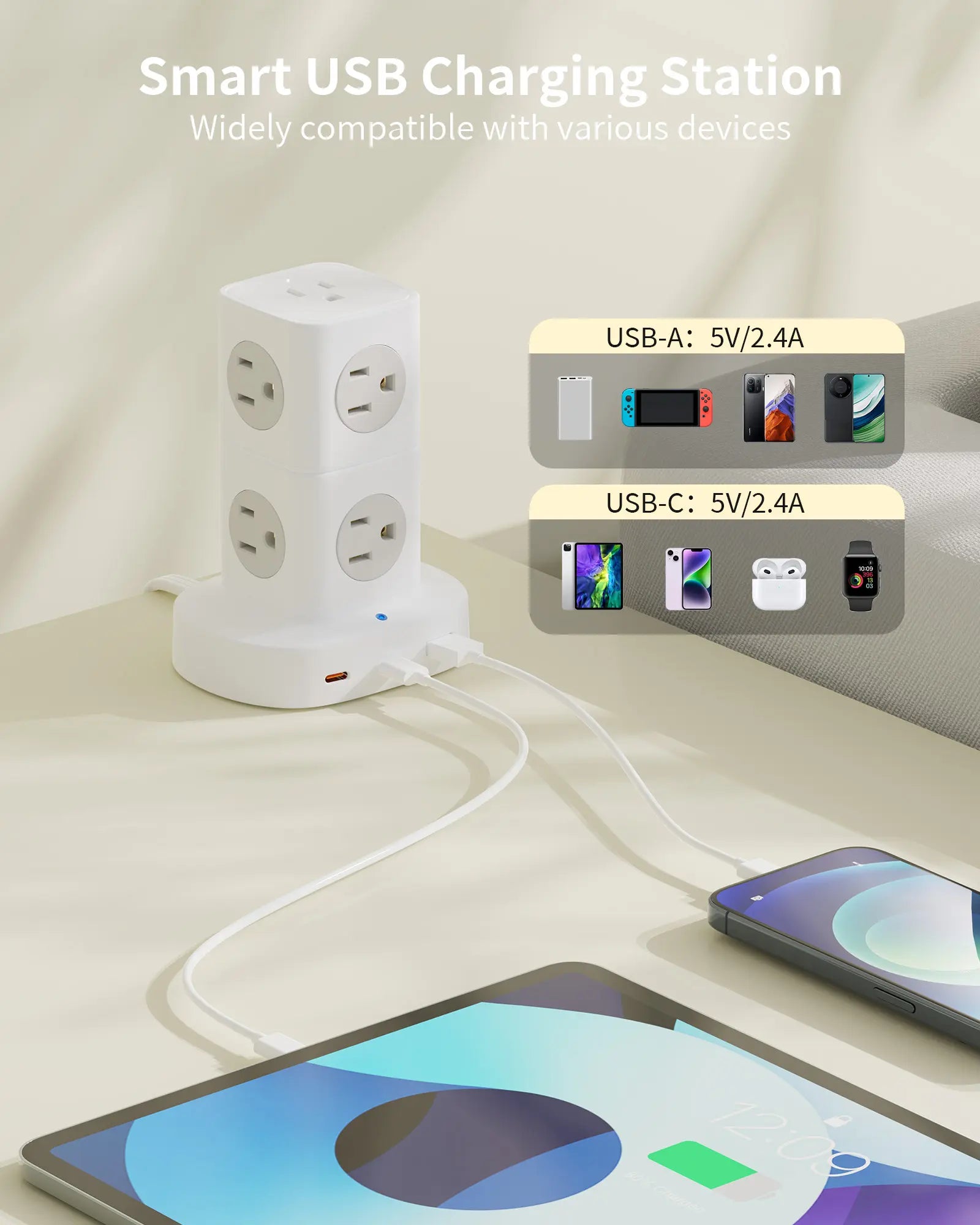 Tower Power Strip with 9 Outlets 3 USB (2 USB C), Surge Protector Tower 1250W/10A, 1700J, 5Ft Removable Multiple Outlets Power Strip Tower, Ideal for Dorms, Home Office, Travel, Hotels Outletplugs