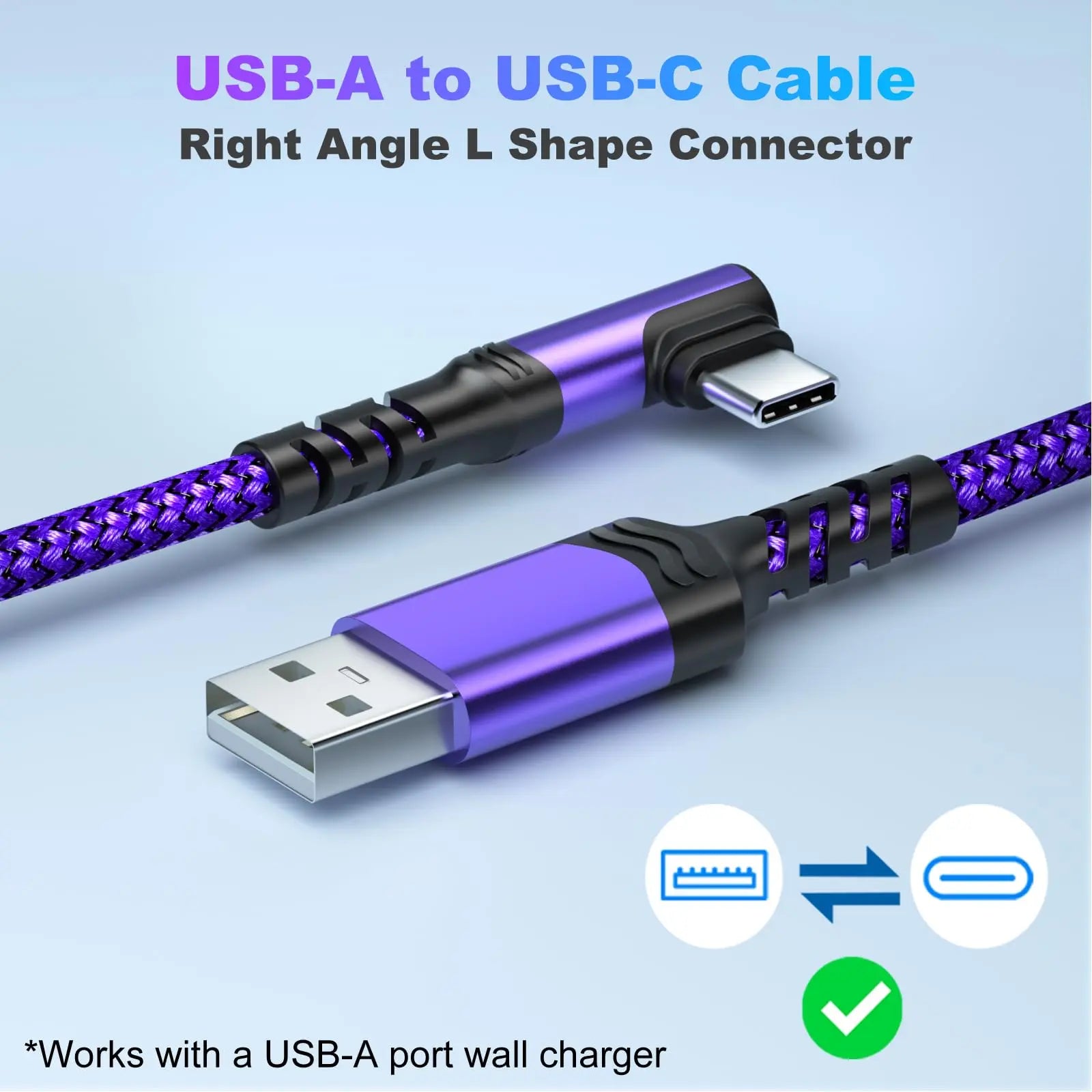 90-Degree USB C Cable, Right Angle USB A to USB C Nylon Braided Fast Charging Cable for Smartphones, iPhone 16 Pro Max, Samsung Galaxy S24 Ultra, and iPad Air 6