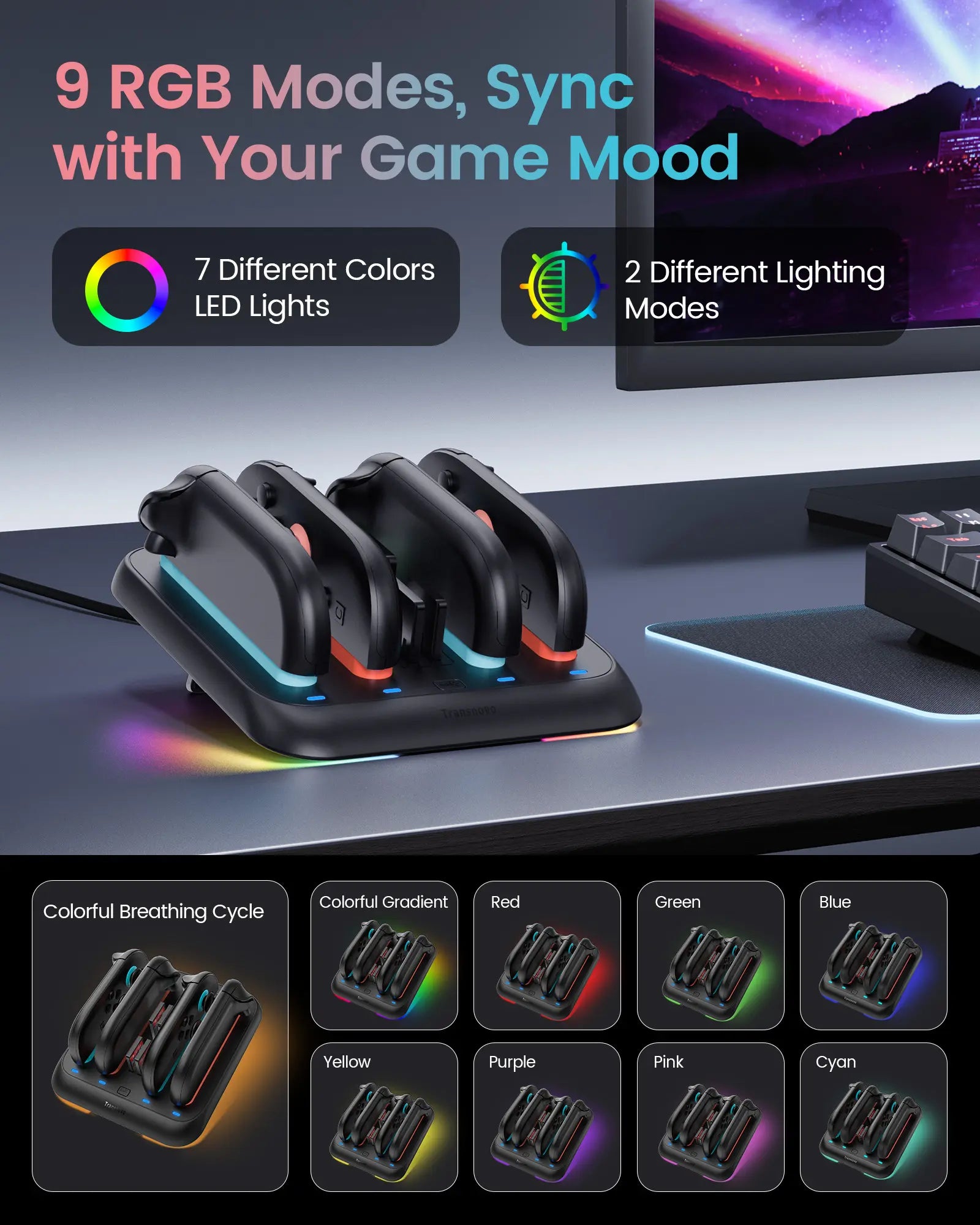 Transnovo Adjustable Charging Pad Compatible with New Switch 2 Joy-Con & Controllers – 4-In-1 Magnetic Fast Charger with 9 RGB LED Indicator, Type-C Cable Included
