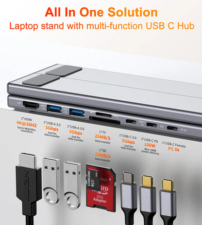 Mukiya USB-C Laptop Stand and Docking Station: 8-in-1 Hub with 4K HDMI, Multiple USB Ports, and SD/TF Card Slots for MacBook, Dell, HP, Surface, and Lenovo