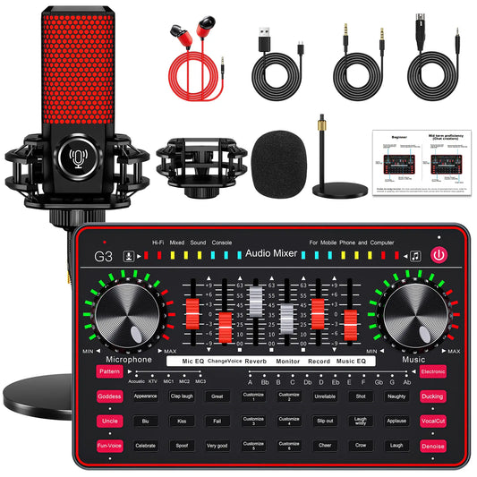 Tenlamp G3-Q8 Professional Podcast Microphone Bundle with Live Sound Card and Audio Mixer for Streaming, Singing, and Content Creation, Featuring Voice Changer and Soundboard Effects