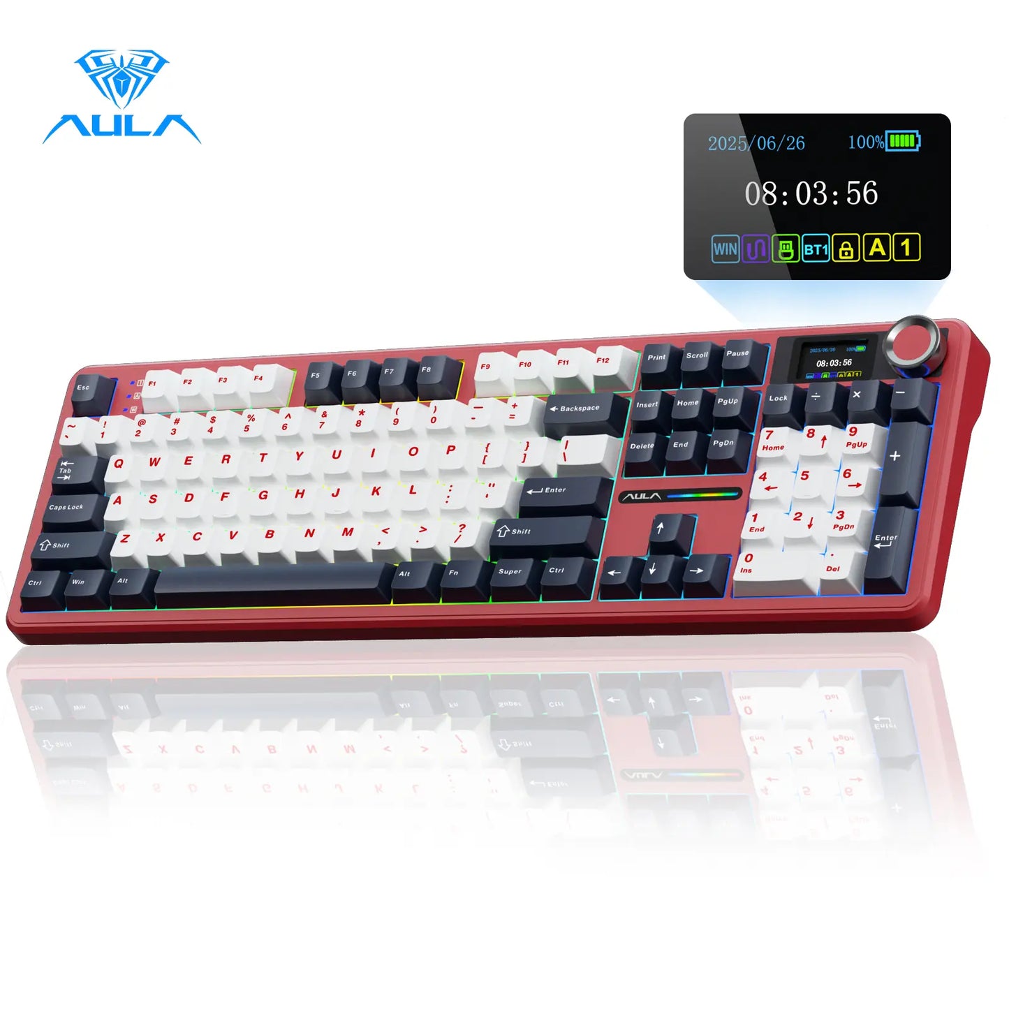 AULA F108 Pro Wireless Mechanical Gaming Keyboard - Full-Size with Smart Screen, Knob, Creamy Typing, Tri-Mode Connectivity, RGB Backlighting, Hot Swappable Switches for Professional and Gaming Use, Red