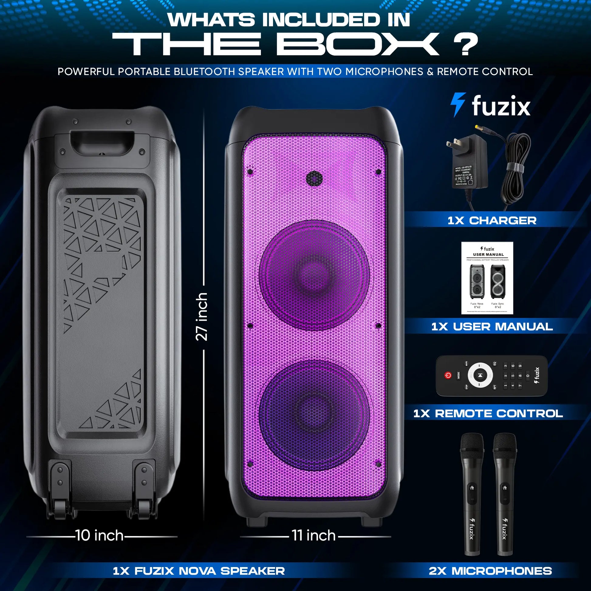 Fuzix Nova Portable Rechargeable Bluetooth Karaoke Speaker with Dual Wireless Microphones, Dynamic LED Lighting, FM Radio, USB and Micro SD Support, and Remote Control