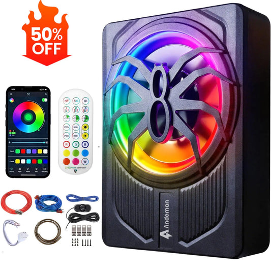 ANDEMAN 10'' Slim Under-Seat Powered Car Subwoofer with APP Control, Built-In Amplifier, and Adjustable Colour Lighting for Vehicles