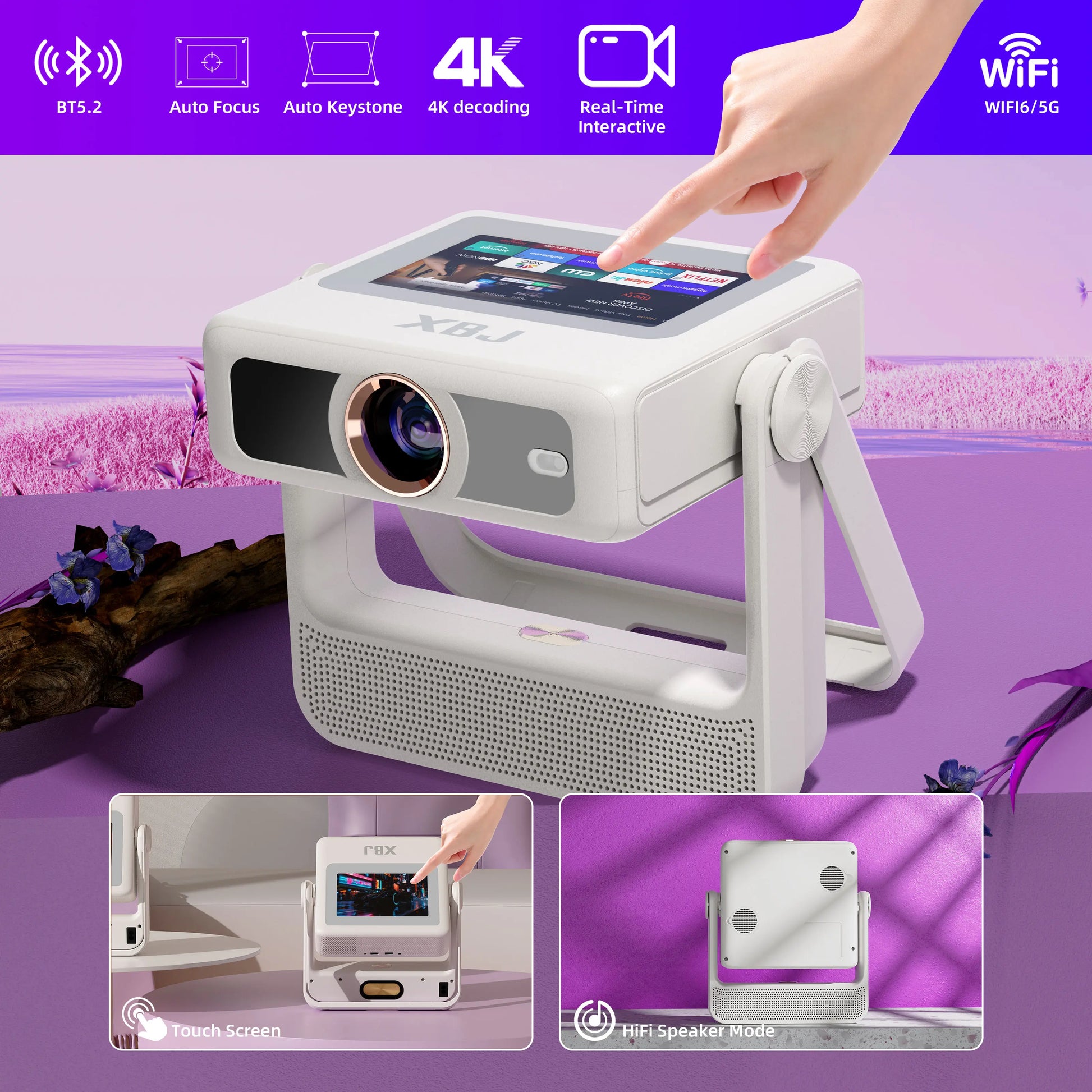 Xbj Smart Portable Projector with Touchscreen Tablet, 4K Support, WiFi 6, and Bluetooth for Home Theater, Gaming, and Outdoor Use (270° Stand and 250" Display)
