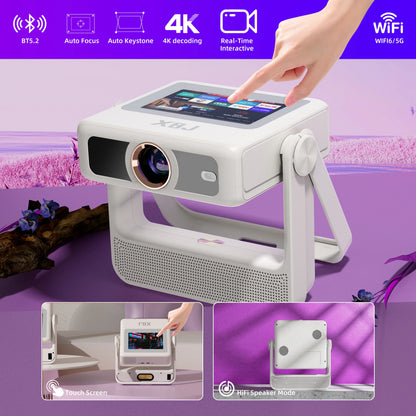 Xbj Smart Portable Projector with Touchscreen Tablet, 4K Support, WiFi 6, and Bluetooth for Home Theater, Gaming, and Outdoor Use (270° Stand and 250" Display)