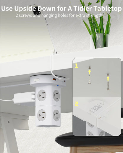 Tower Power Strip with 9 Outlets 3 USB (2 USB C), Surge Protector Tower 1250W/10A, 1700J, 5Ft Removable Multiple Outlets Power Strip Tower, Ideal for Dorms, Home Office, Travel, Hotels Outletplugs