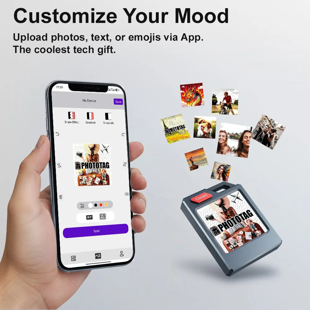Phototag: Customizable E-Ink Tracker for Keys, Wallets, Luggage. Compatible with Apple Find My . Displays Photos and Emojis. up to 10 Months of Battery Life and IP65 Waterproof. Replaceable Battery.Personalized Gift.