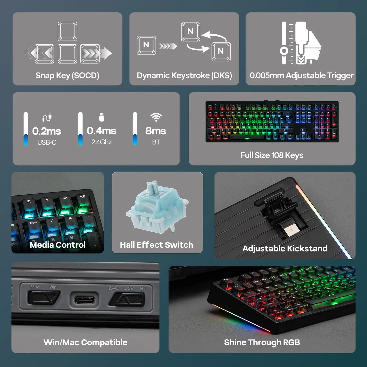EPOMAKER HE108 Wireless Gaming Keyboard, 8K Polling & 10000Mah, SOCD & DKS, Full-Sized Hall Effect Keyboard with Rapid Triggering, Custom Driver RGB Backlit PBT Keycap Gaming Accessories Keyboards for Gaming Dealsforyoudays