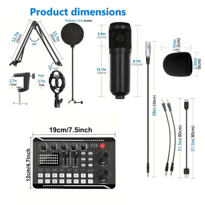 Professional Podcast Equipment Bundle: USB-Rechargeable Microphone with Voice Changer, Live Audio Mixer, Adjustable Condenser Mic, USB Audio Interface, Headphones, and Singing Microphone